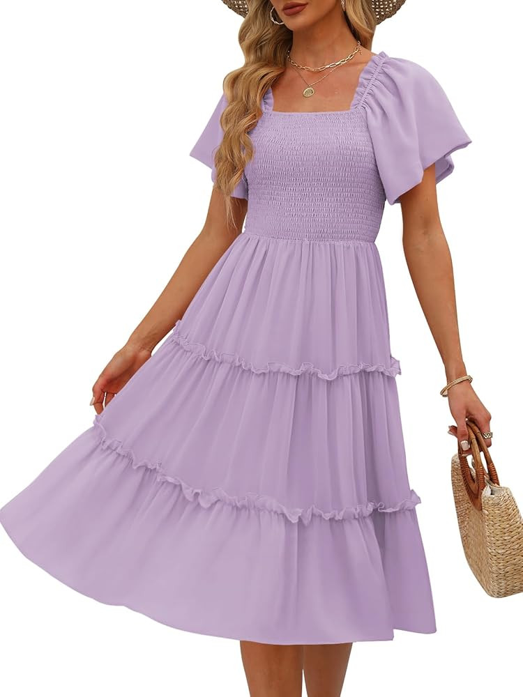 LILLUSORY Women's Summer Casual Flutter Sleeve Square Neck Smocked Midi Dress | Amazon (US)