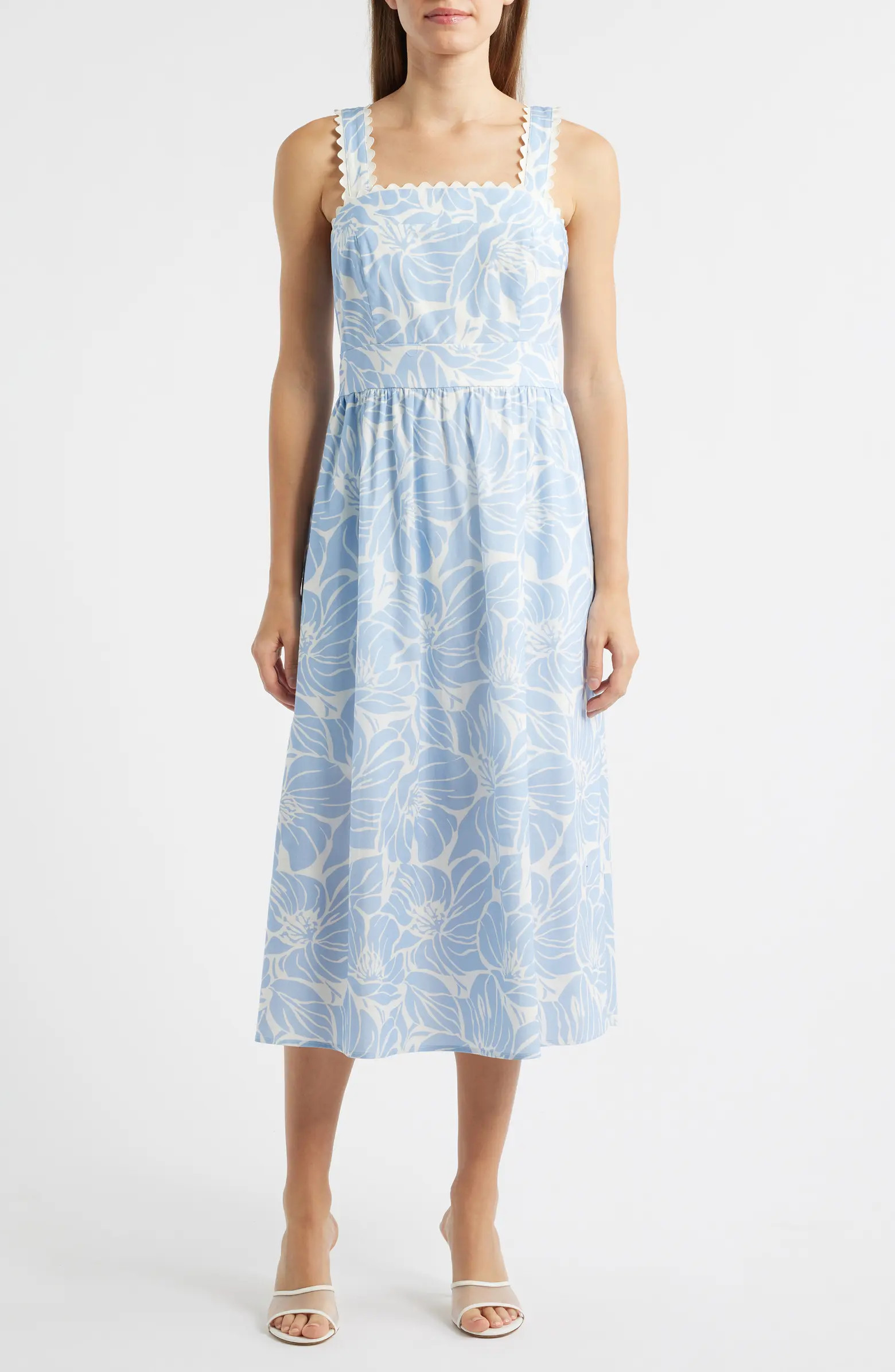 Palm Print Stretch Cotton Midi Dress | Nordstrom