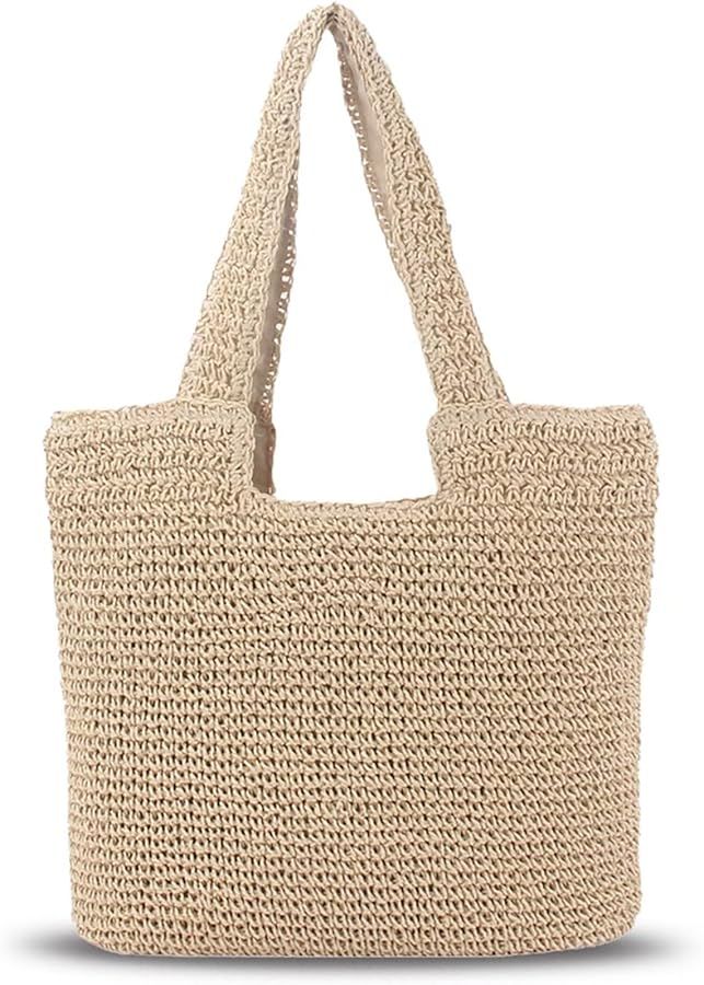 Straw Shoulder Tote Bag for Women, Woven Beach Tote Bag with Zipper Large Summer Handbag Boho Bag | Amazon (US)