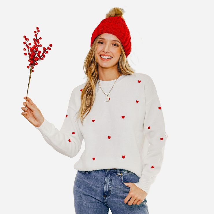 Women's Heart Print Round Neck Dropped Long Sleeves Sweater - Cupshe | Target