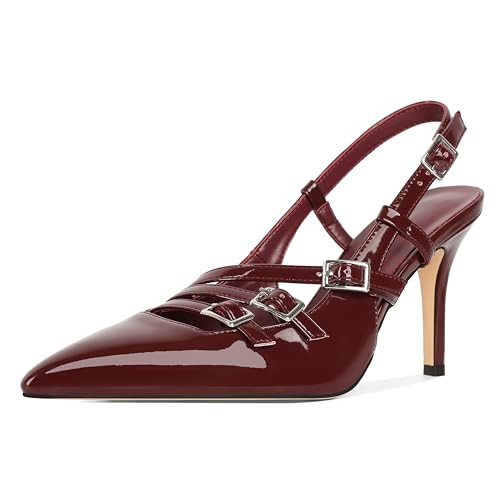 YODEKS Slingback Heels for Women Closed Pointed Toe Stiletto High Heel Pumps Buckle Straps Strappy Shoes 3.5 Inch for Wedding Party Business Burgundy Patent Size 9 | Amazon (US)