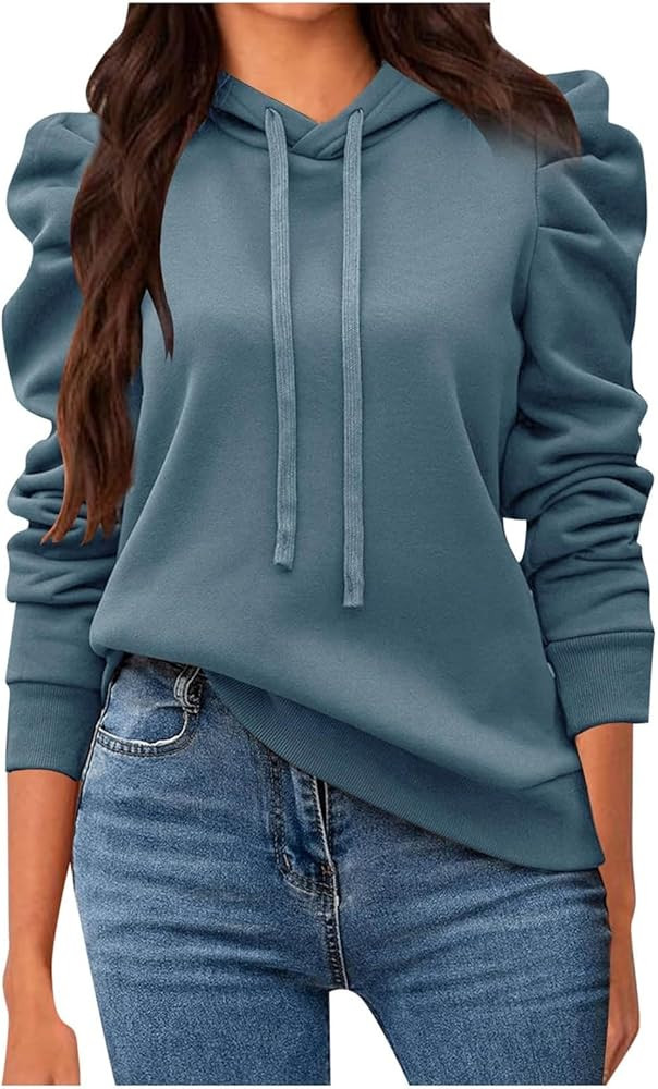 Women's Casual Puff Long Sleeve Hoodie Lightweight Pullover Tops Solid Loose Sweatshirt Fall Outf... | Amazon (US)