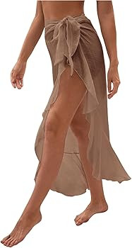 OYOANGLE Women's Mesh Sheer Swimsuit Cover Up Ruffle Tie Side Beach Sarong Wrap Long Skirt | Amazon (US)
