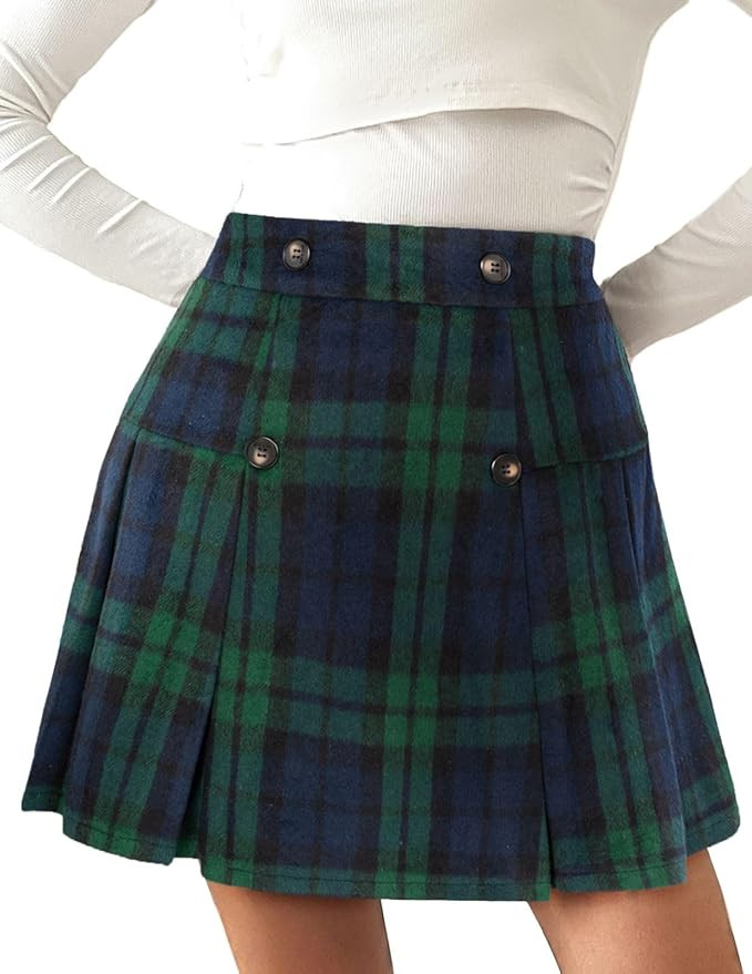 Kate Kasin 2024 Women's Pleated Plaid Mini Skirt High Waist A-Line Fall Winter Casual Skirts | Amazon (US)
