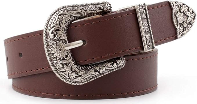 INOGIH Western-Leather-Belts-Women Vintage Waist-Belts with Hollow Out Flower Buckle | Amazon (US)