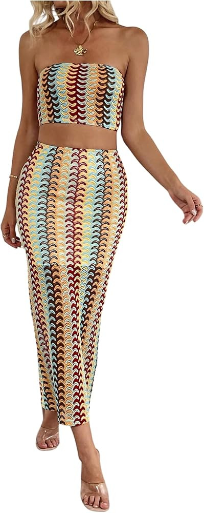 GORGLITTER Women's Boho Skirt Sets Embroidery Bandeau Tube Top Bodycon Madi Skirt Summer Trendy D... | Amazon (US)
