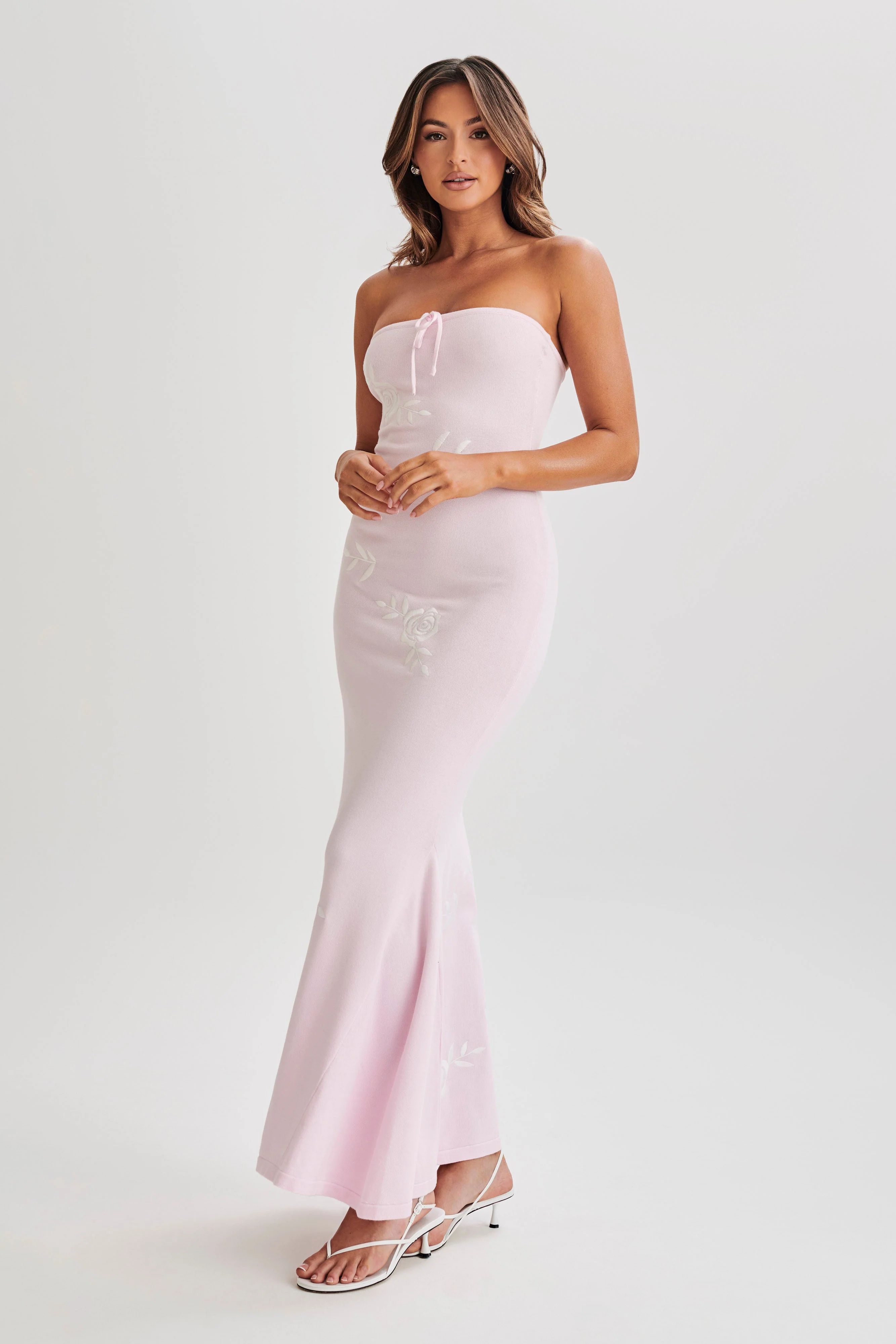 Lorelai Strapless Rose Knit Maxi Dress - Fairy Floss Pink | MESHKI US