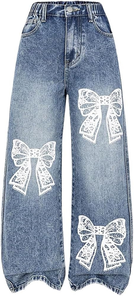BEAUDRM Girl's Y2k Bow Print Baggy Jeans Wide Leg High Waisted Denim Pants | Amazon (US)