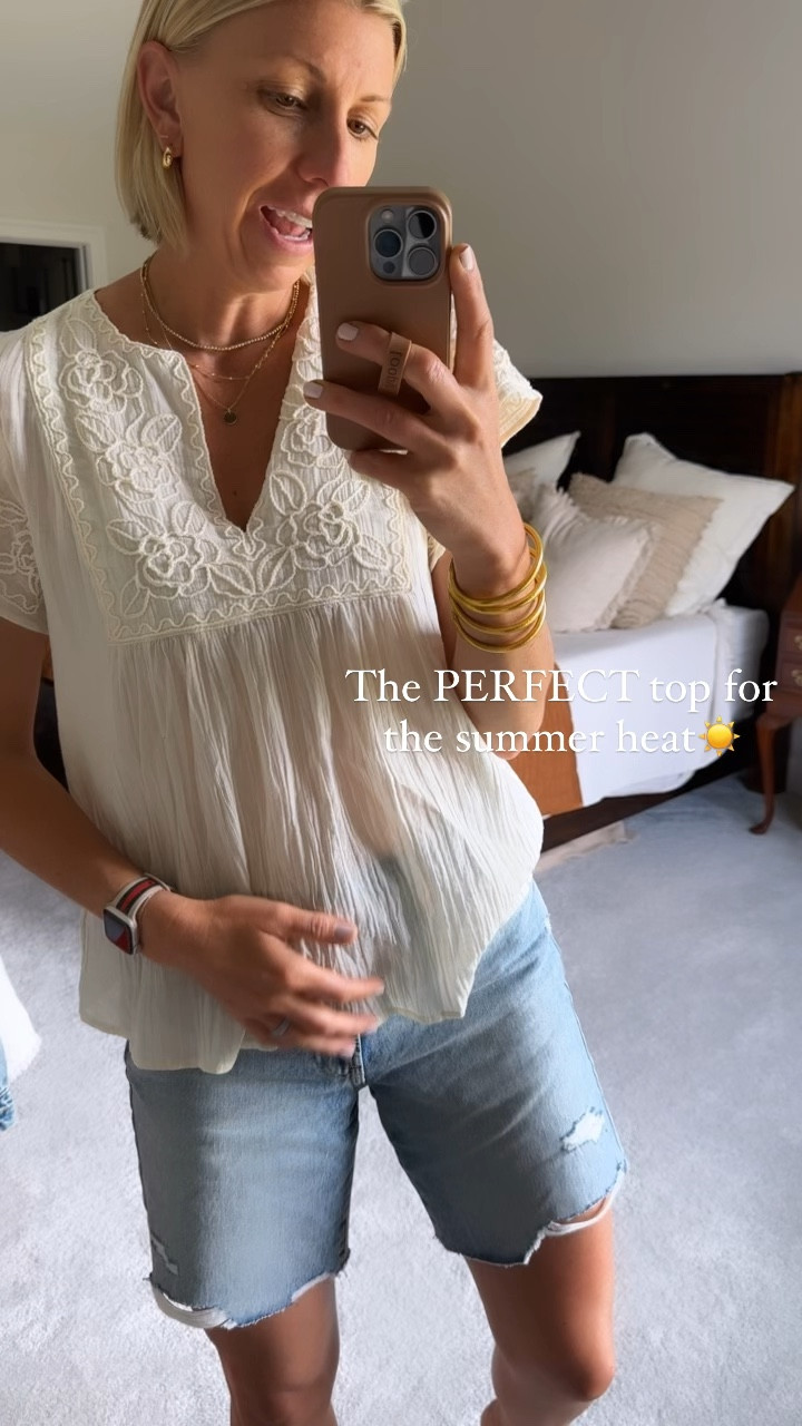 The perfect beat the heat look with this easy breezy cotton blouse, long denim shorts 

Westing size small tall in the top & 28 in the shorts 

#LTKStyleTip #LTKOver40 #LTKFindsUnder50