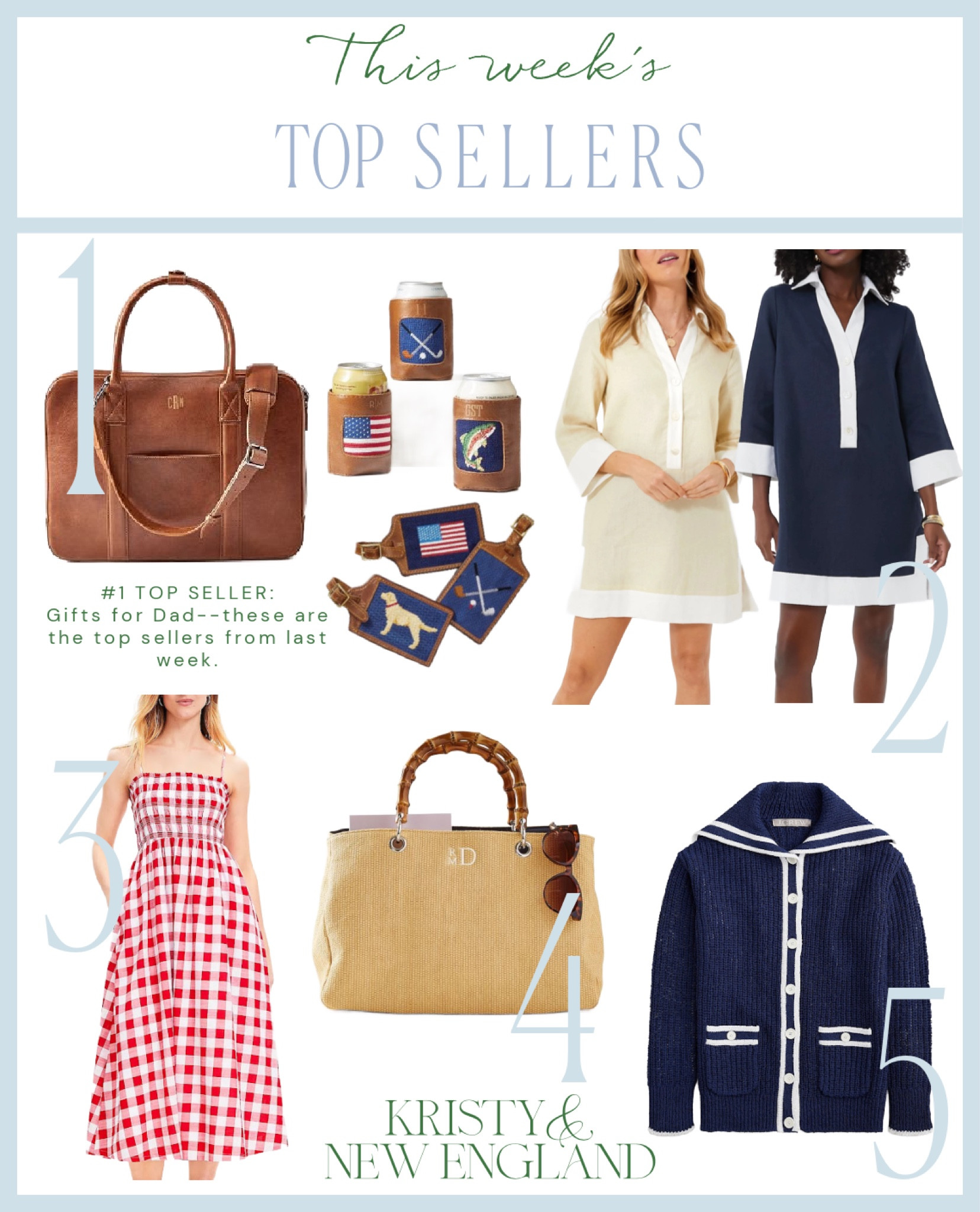 The top sellers of the week #1 Father’s Day gifts: Leather Laptop Briefcase, Needlepoint Leather Koozies, Needlepoint Leather Luggage Tags #2 Linen Tunic Dresses in Navy & Champagne #3 Red Picnic Plaid Maxi Dress (on sale) #4 Bamboo & Raffia Twill Handbag #5 Blue & White Ssilor Cardigan (on sale now)

#LTKOver40 #LTKGiftGuide #LTKItBag