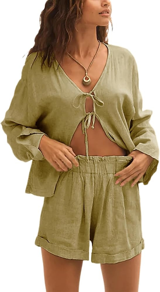 2 Piece Outfits for Women Long Sleeve Lace up Shirts Short Sets Summer Lounge Matching Sets with ... | Amazon (US)