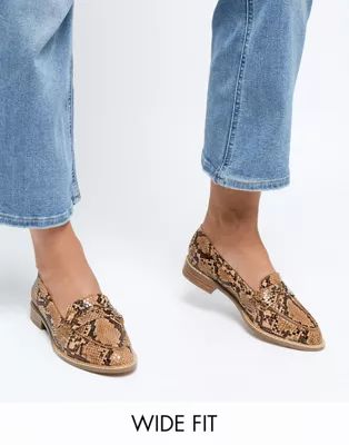 ASOS DESIGN Wide Fit Munch loafer flat shoes in snake | ASOS US