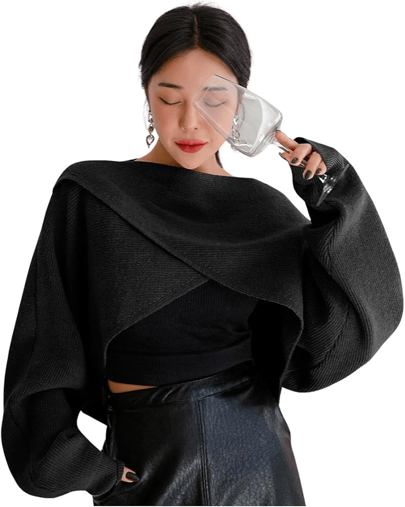 COZYEASE Women's Criss Cross Boat Neck Long Sleeve Crop Sweater Solid Casual Plain Sweater Coat | Amazon (US)