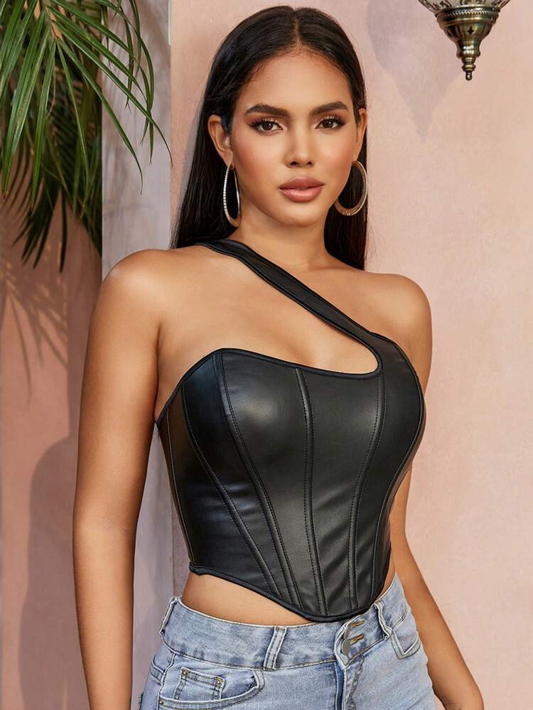 Apperloth A Solid One Shoulder PU Leather Shapewear Corset Top | SHEIN