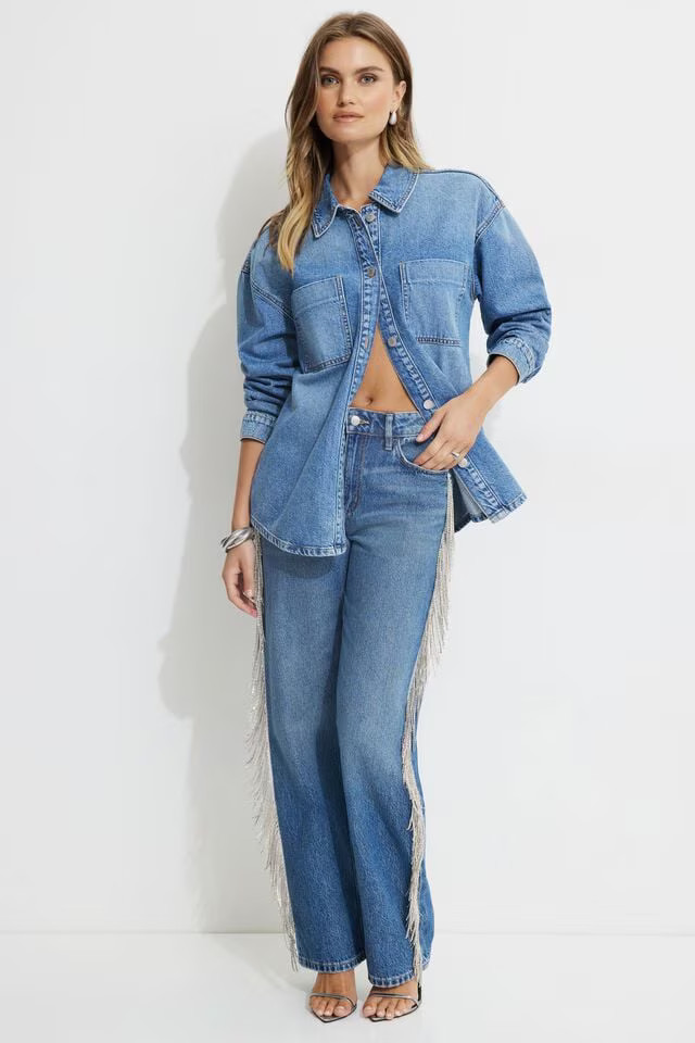 Mika Rhinestone Fringe Relaxed Straight Jeans | Dynamite Clothing