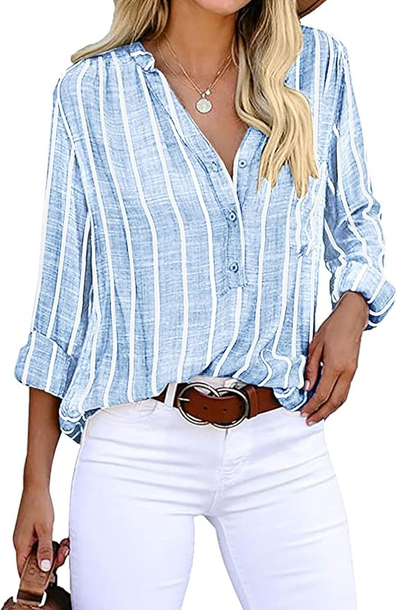 Kapoohott Womens Blouses Casual V Neck Stripes Shirts Roll up Sleeve Button Down Blouses Tops | Amazon (US)