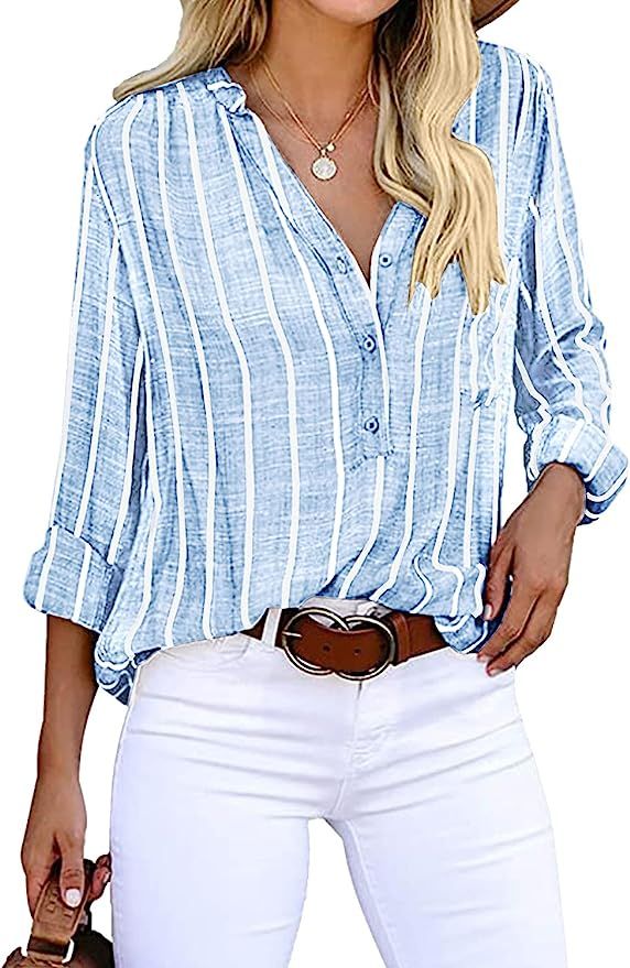 Kapoohott Womens Blouses Casual V Neck Stripes Shirts Roll up Sleeve Button Down Blouses Tops | Amazon (US)