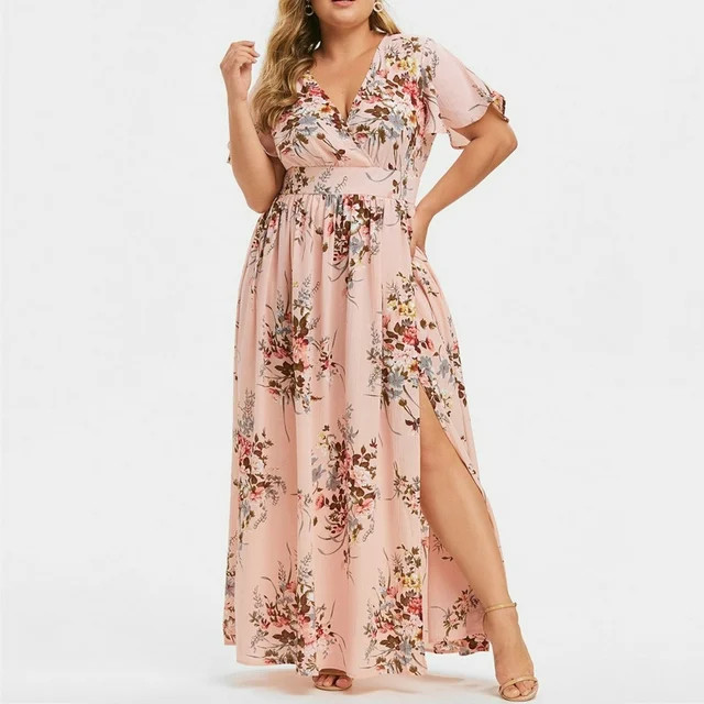 Jophufed Womens Plus Size Summer Dresses 2022 Party Boho Print Maxi Long Dress V-Neck Short Sleev... | Walmart (US)