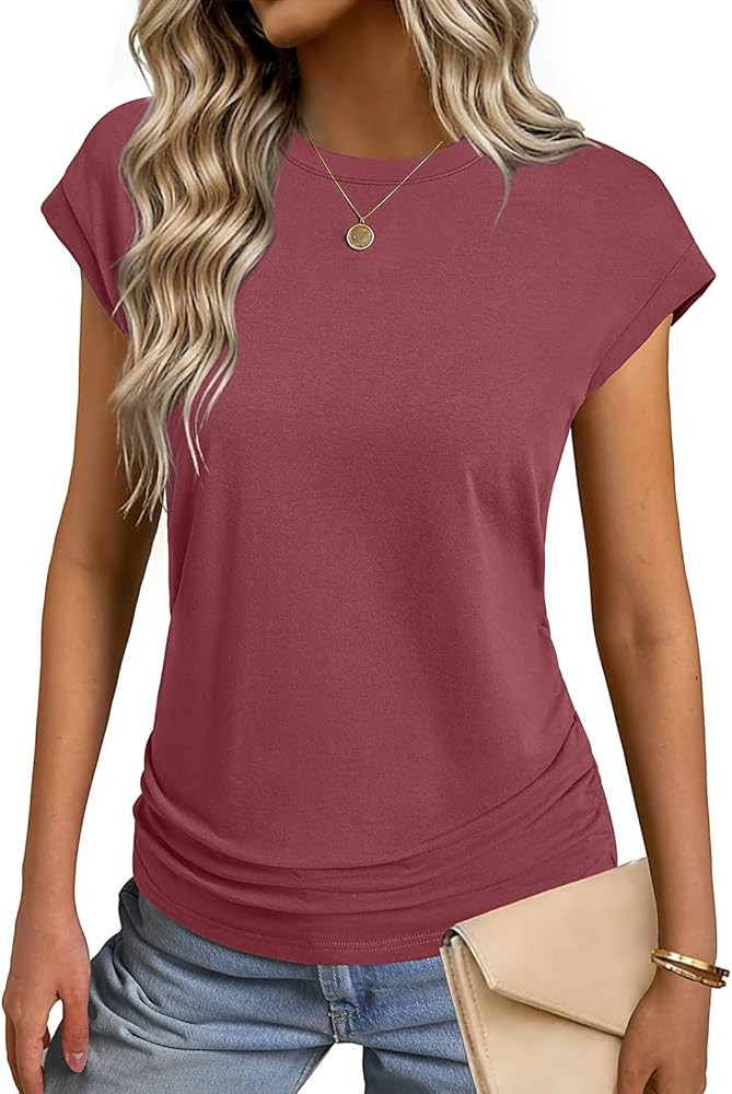 GKBK Womens Summer Cotton Tops Ruched Cap Short Sleeve Tshirts Crew Neck Shirts Fashion Trendy 20... | Amazon (US)