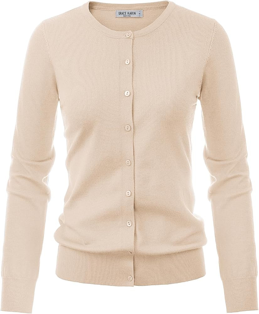 GRACE KARIN Women's Long Sleeve Button Down Crew Neck Classic Sweater Knit Cardigan | Amazon (US)