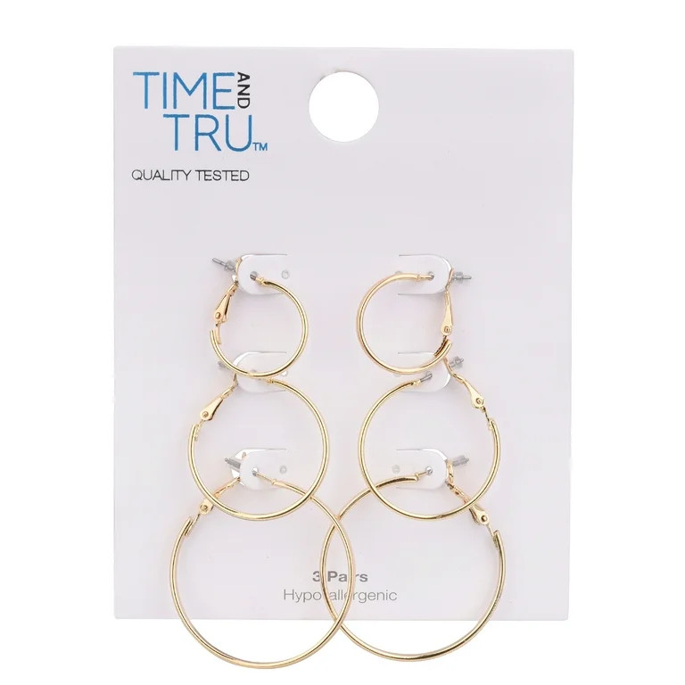 Time and Tru Gold Thin Hoop Earrings, 3 Pack | Walmart (US)
