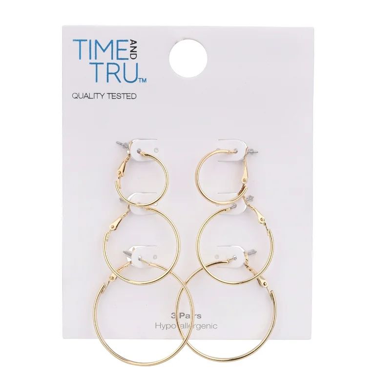 Time and Tru Gold Thin Hoop Earrings, 3 Pack | Walmart (US)