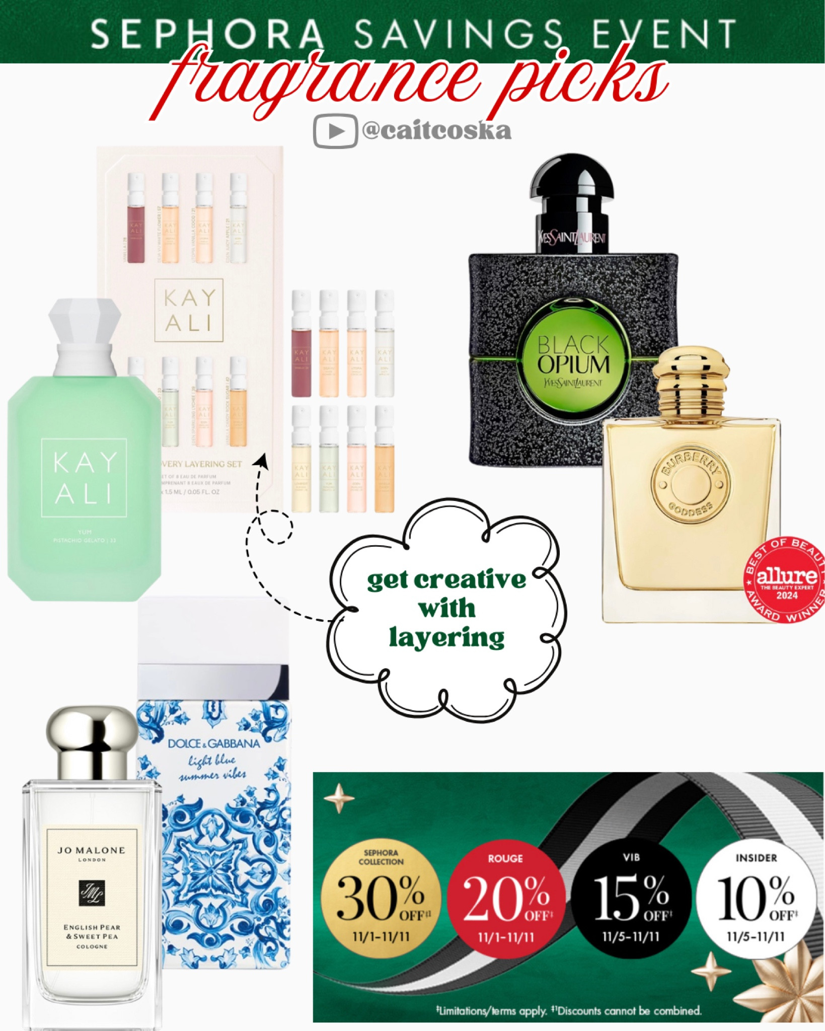 Sephora’s Holiday Savings Event is here, and if you’re a fragrance lover, now is the time to stock up! I’ve rounded up some of my all-time favorite scents that are perfect for gifting, layering, or simply treating yourself. 

Kay Ali Perfume Layering Set – Perfect for creating a unique scent every day! This set is all about layering with notes of vanilla, musk, and floral tones.
Kay Ali Gelato – Sweet and flirty, with hints of vanilla, citrus, and creamy tonka bean. It’s like a warm, cozy dessert in a bottle!
Black Opium Green Illicit – Bold with a twist! The coffee and fig notes give it a unique edge, while patchouli adds a sultry vibe.
Burberry Goddess – Feminine and empowering with lavender, vanilla, and warm cacao. This scent wraps you in a rich, cozy warmth that’s perfect for any season.
Jo Malone London English Pear & Sweet Pea – Light and refreshing, it’s the perfect mix of juicy pear and soft floral notes for a timeless, elegant scent.
Dolce & Gabbana Light Blue Summer Vibes – A fresh, beachy twist on the classic, with Sicilian lemon, crisp apple, and cedarwood. It’s the ultimate vacation-in-a-bottle vibe!

Don’t miss this chance to grab these scents at a discount—coupon codes are listed in the post! 

Follow along because I’ll be sharing my top picks from every category during the sale, so you won’t miss a single must-have! 

#LTKGiftGuide #LTKHoliday #LTKSaleAlert