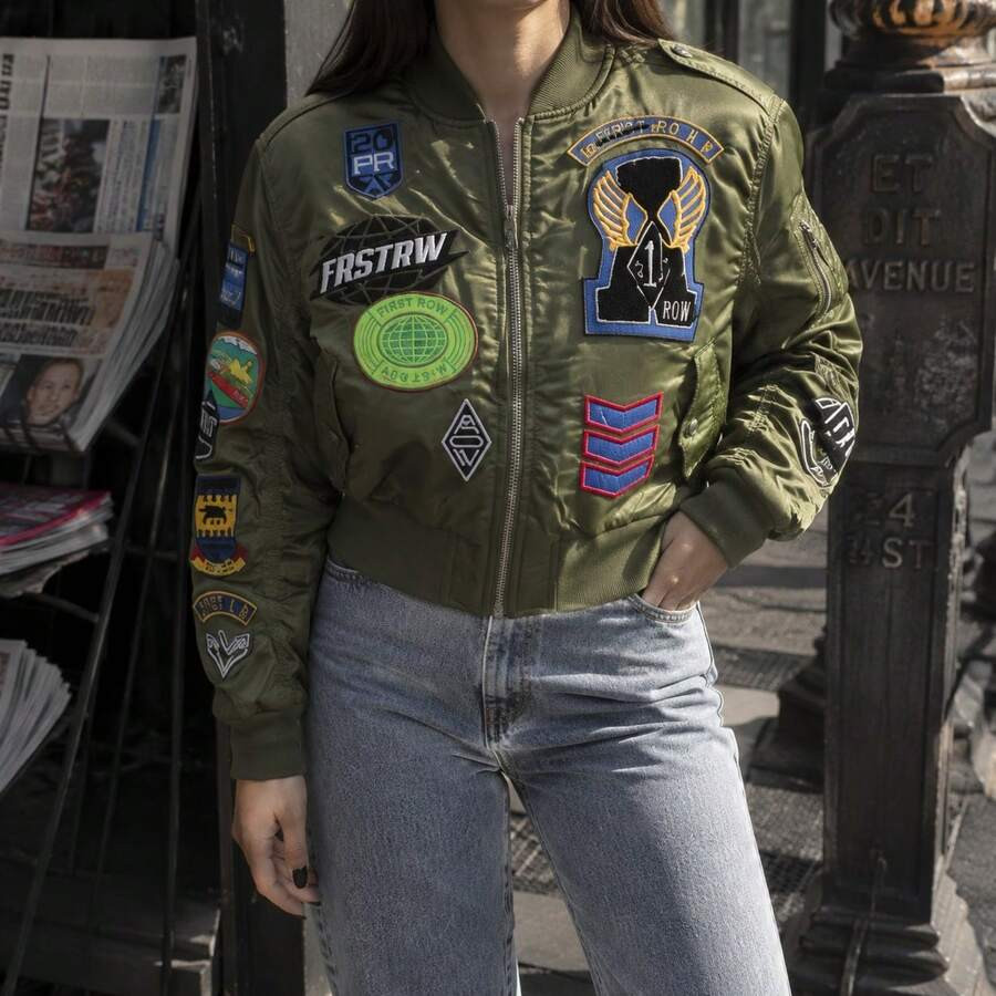 Embroidered Patched Stand Collar Long Sleeve Full Zip Cropped Casual Pilot Bomber Jacket | SHEIN