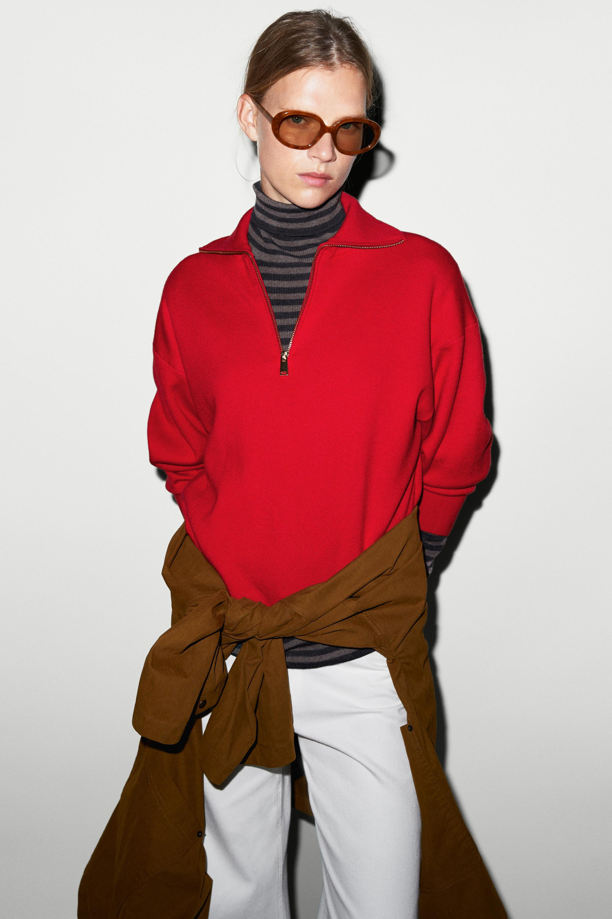 Cotton blend quarter-zip knit polo sweater | Massimo Dutti UK