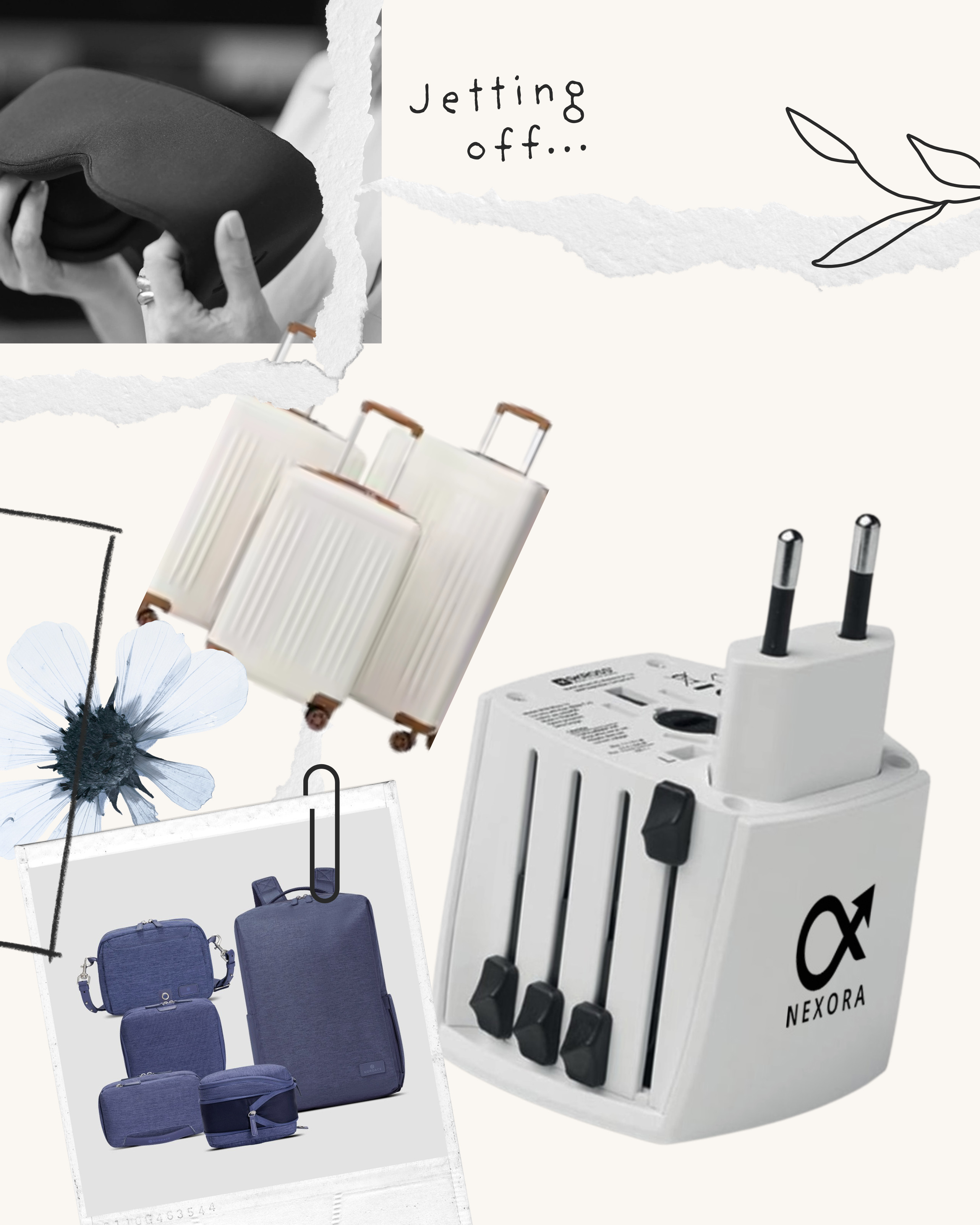 Jetting off... ✈️ A Nexora universal travel adapter that actually covers every socket type (four countries built into one plug — no separate adapter per destination), a soft eye mask for long-haul flights, a cream hardshell luggage set with tan leather trim for check-in and cabin, and a matching navy travel bag set — backpack, toiletry bag, and pouches all coordinated.

#travelessentials #traveladapter #nexora #luggageset #packingessentials #carryonluggage #travelaccessories #longhaulflight #ltktravel #jettingoff 

 #LTKTravel