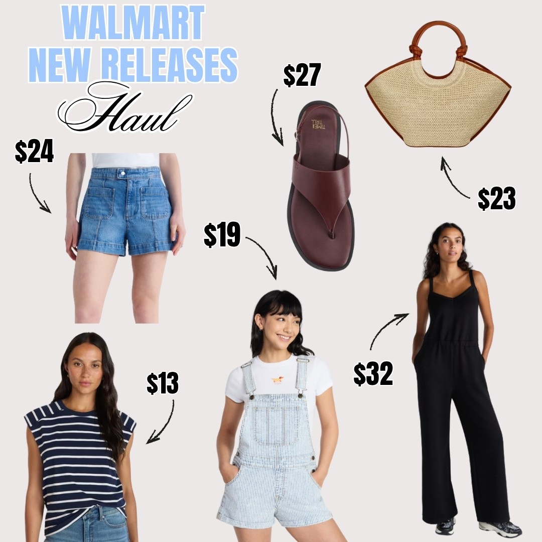 Walmart new releases and the prices are genuinely incredible 🤍☀️ Denim utility shorts $24, brown leather thong sandals $27, woven straw tote $23, navy stripe muscle tee $13, light wash denim overall shorts $19, black wide leg jumpsuit $32 — everything is linked right here for you!

#LTKootd #LTKSeasonal #LTKTravel