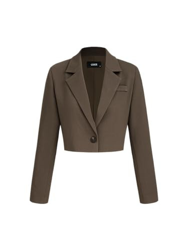 CIDER Womens Blazer Cropped Business Casual Open Front Long Sleeve Suit Work Office Blazer Jacket: Brown, L | Amazon (US)