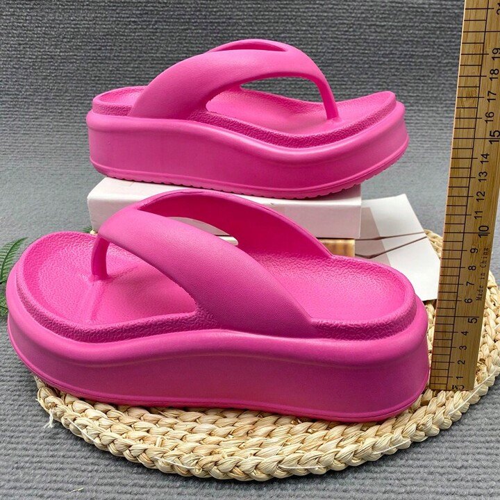 Ladies' Thick Wedge Heel Beach Slippers With Soft Heightening Soles, Non-Slip Flip Flops, Hot Pink Sandals | SHEIN