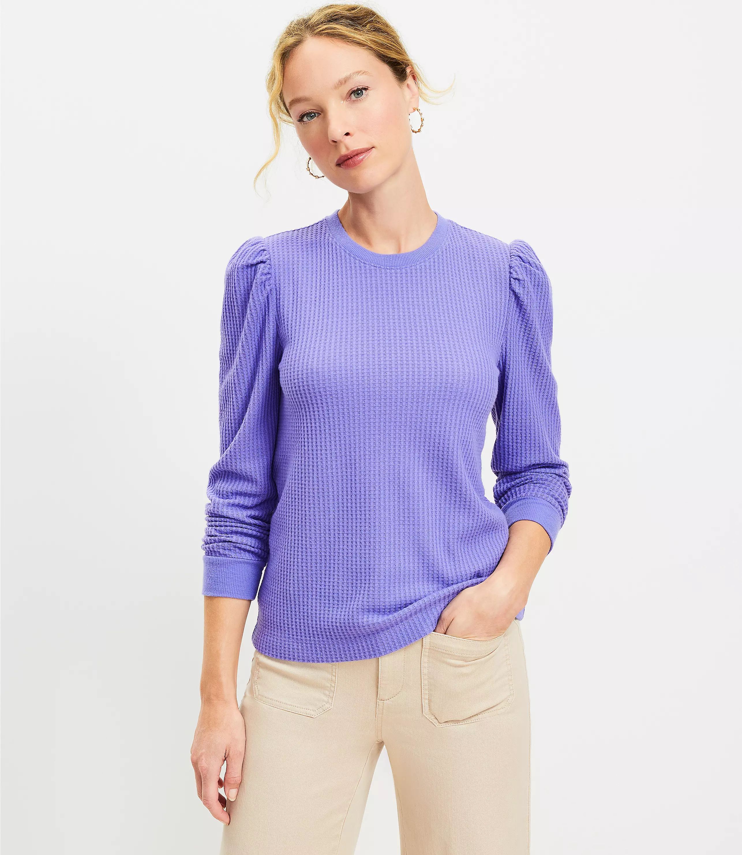 Brushed Waffle Puff Sleeve Top | LOFT