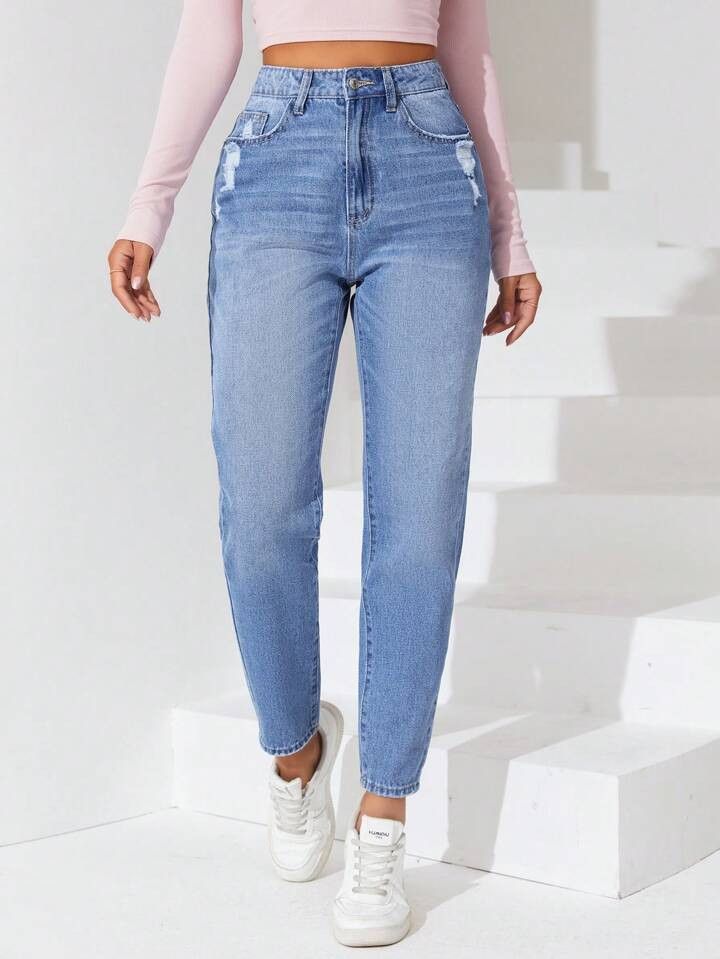 SHEIN LUNE Ripped Mom Fit Jeans | SHEIN