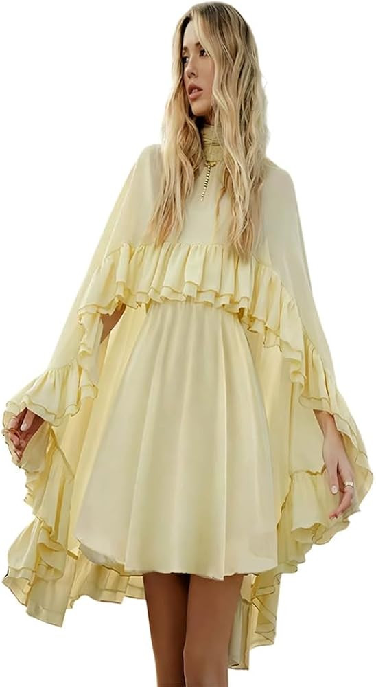 Women\u2019s Semi Sheer Chiffon Ruffle Dress with Outer Cape, Poncho Sleeve Flowy Mini Dress, Loo... | Amazon (US)