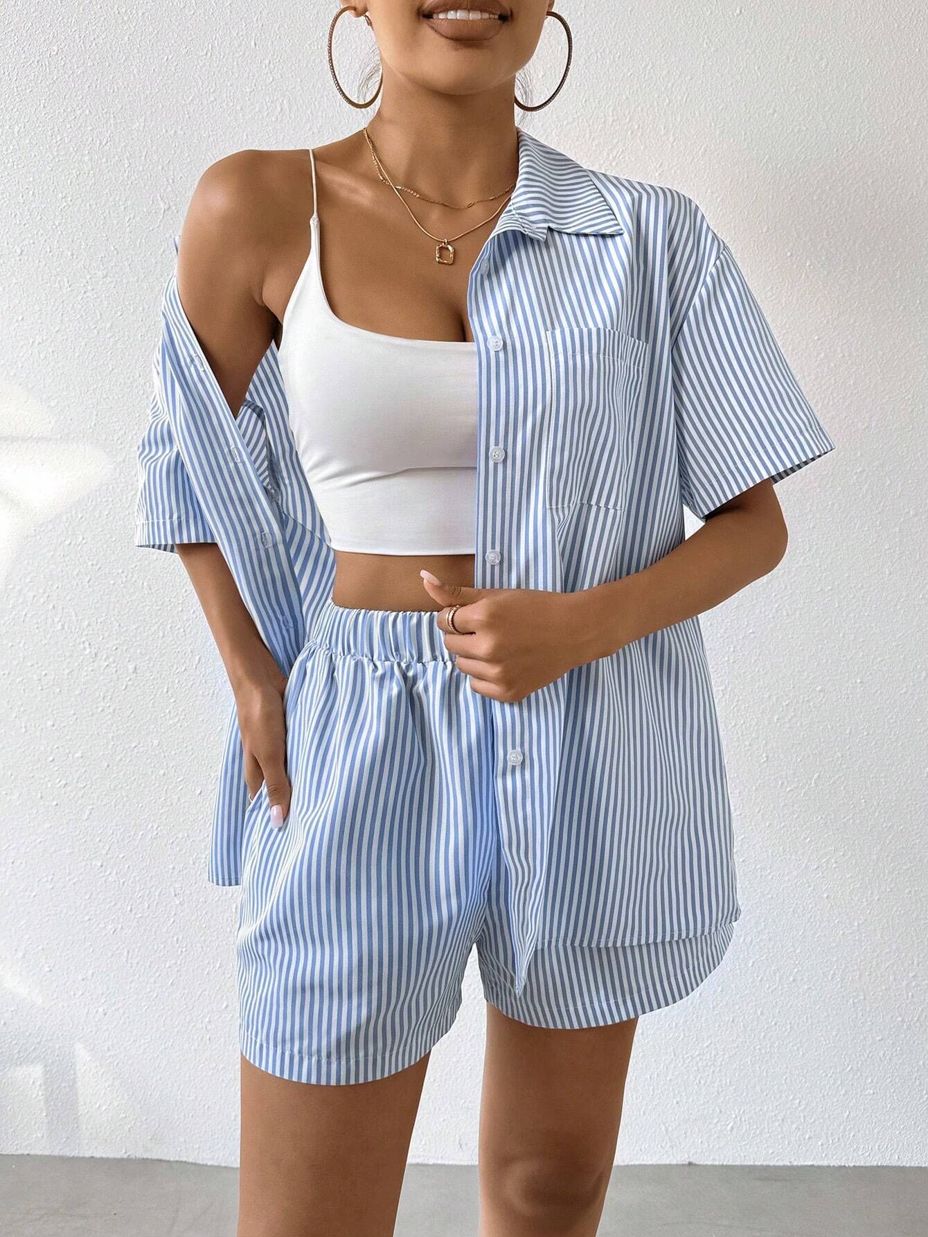 SHEIN Frenchy Women'S Striped Short Sleeve Shirt And Shorts 2pcs/Set | SHEIN