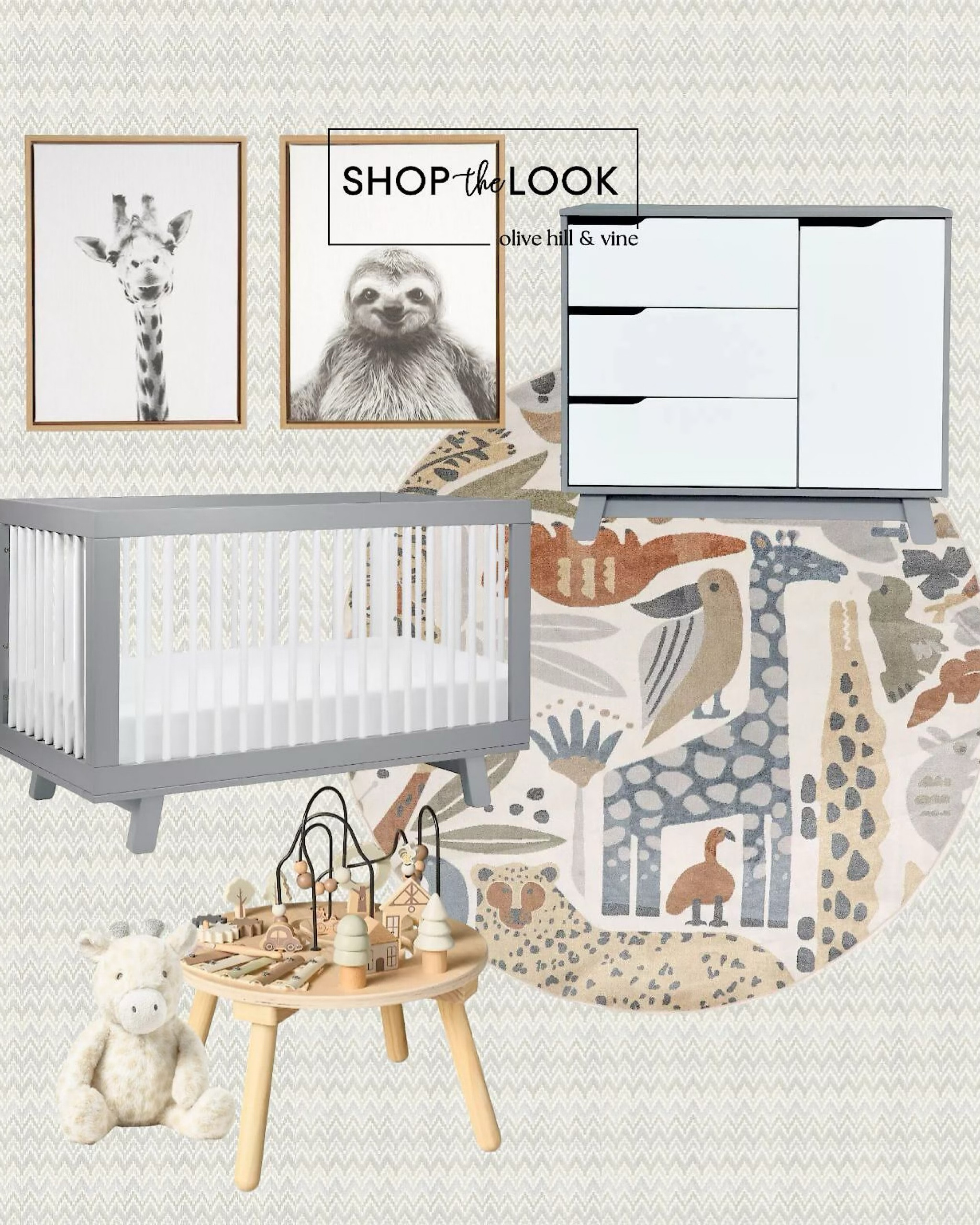 We’re loving this neutral nursery with a playful safari vibe! From the wooden table toy to the convertible crib, cross-stitch chevron wallpaper, round animal rug, framed giraffe and sloth art, and a plush giraffe—every detail invites imagination and adventure. 

#LTKHome #LTKBump #LTKBaby