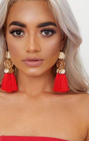 Red Coin Drop Tassel Earrings | PrettyLittleThing UK
