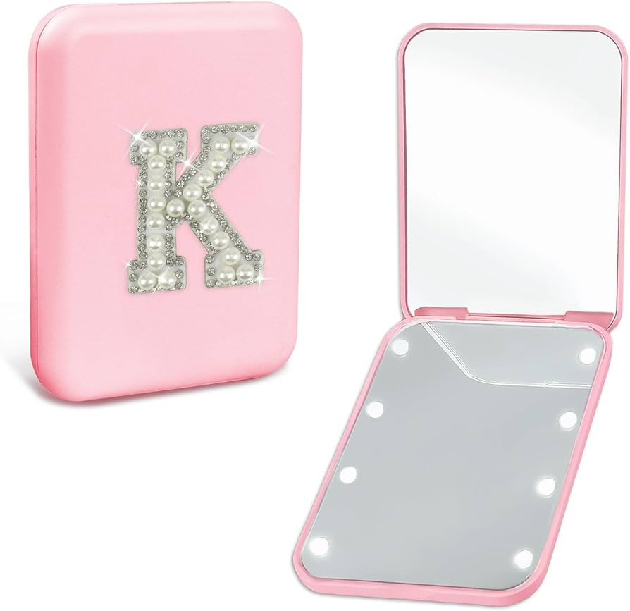 Bridesmaid Gifts for Wedding Day Pearl Initial Travel Makeup Pocket Mirror with Lights Pink 1X/2X... | Amazon (US)