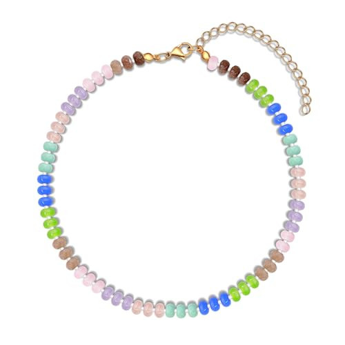 AILUOR Beaded Gemstone Necklace for Women, Colorful Boho Bead Choker Necklace Natural Stone Beach Necklace Rainbow Beaded Choker Necklace Summer Handmade Jewelry (Rainbow-A) | Amazon (US)