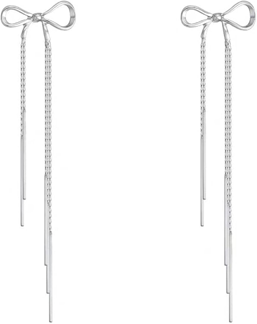 Chic Bow Knot Threader Dangle Stud Earrings Butterfly Knot Tassel Long Chain Dangling Charm Drop ... | Amazon (US)