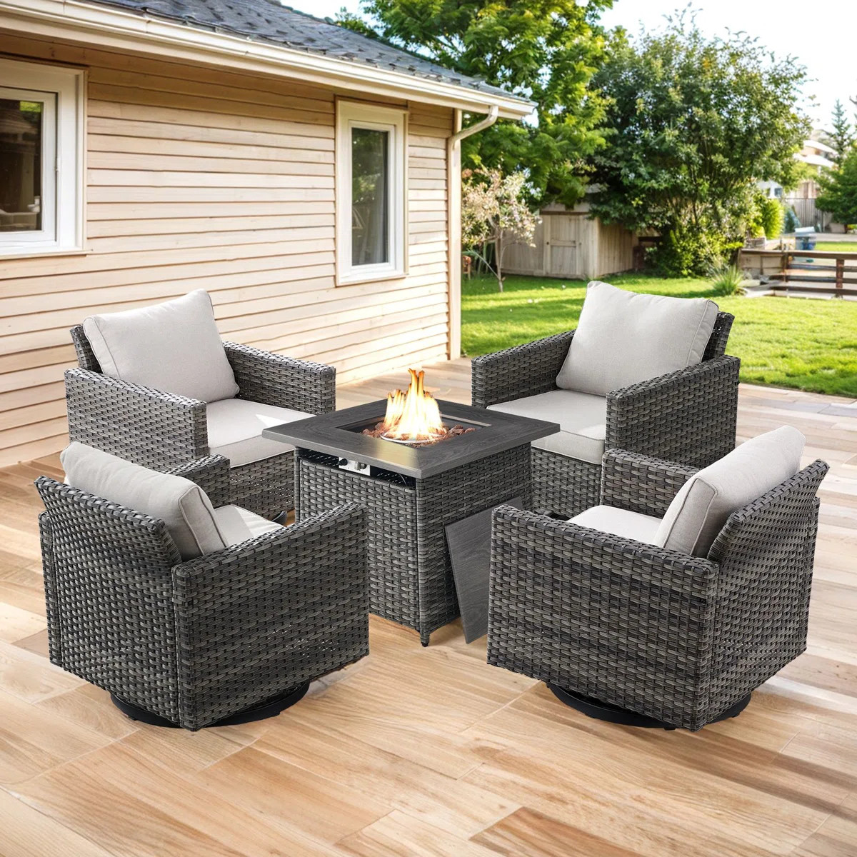 Valenta Hansencamp 4 - Person Outdoor Seating Group With Fire Pit With Swivel Glide Chair And Cus... | Wayfair North America