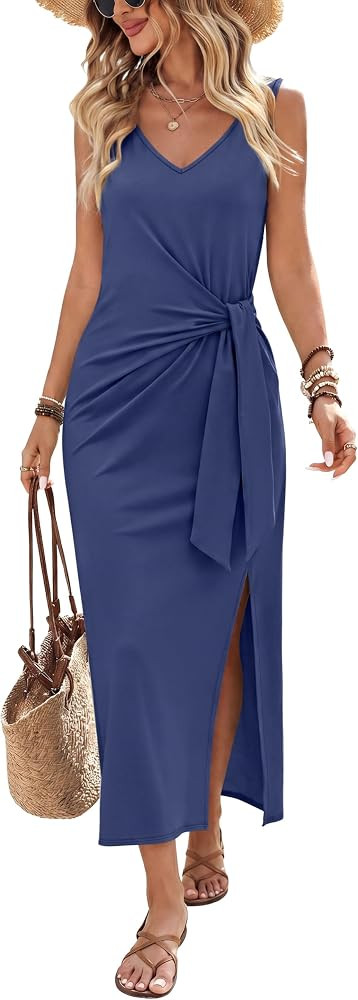 OFEEFAN Summer Dresses for Women 2026 V Neck Sleeveless Casual Dress Elegant Work Long Midi Dress... | Amazon (US)