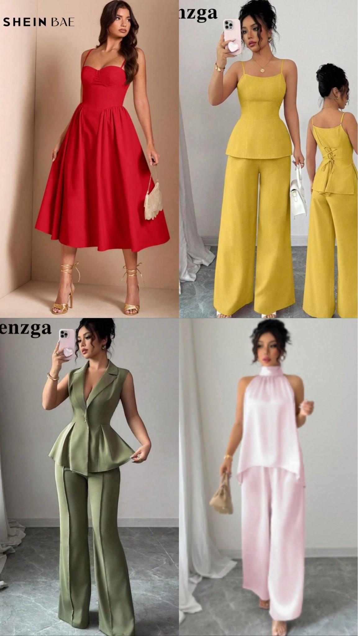 WOMENS APPAREL 🛍️
Elenzga + SHEIN BAE
📌discount code: store8USmrsbabcock084

🆔 91228468
pink satin pant suit (out of stock)

🆔 112100057
yellow 2 piece pant suit

🆔 81793673
green 2 piece pant suit

🆔 46354609
red fluffy strappy dress