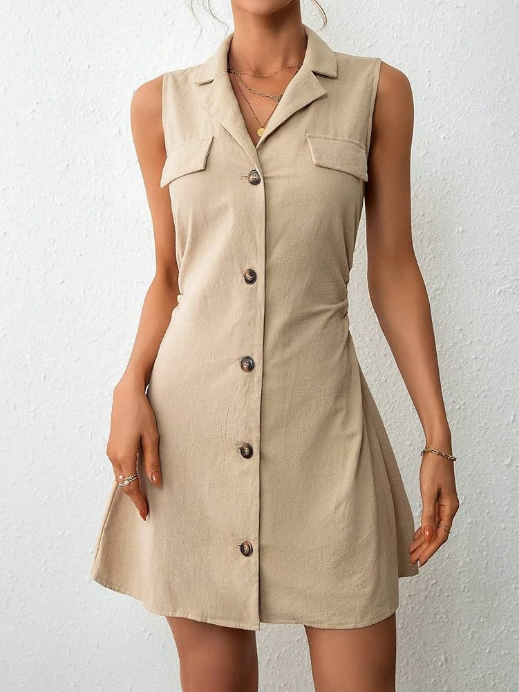 Dresses for Women Dress Women's Dress Lapel Neck Button Front Shirt Dress (Color : Khaki, Size : ... | Amazon (US)