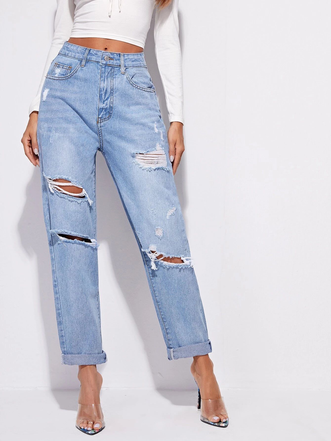High-Waisted Ripped Baggy Jeans | SHEIN
