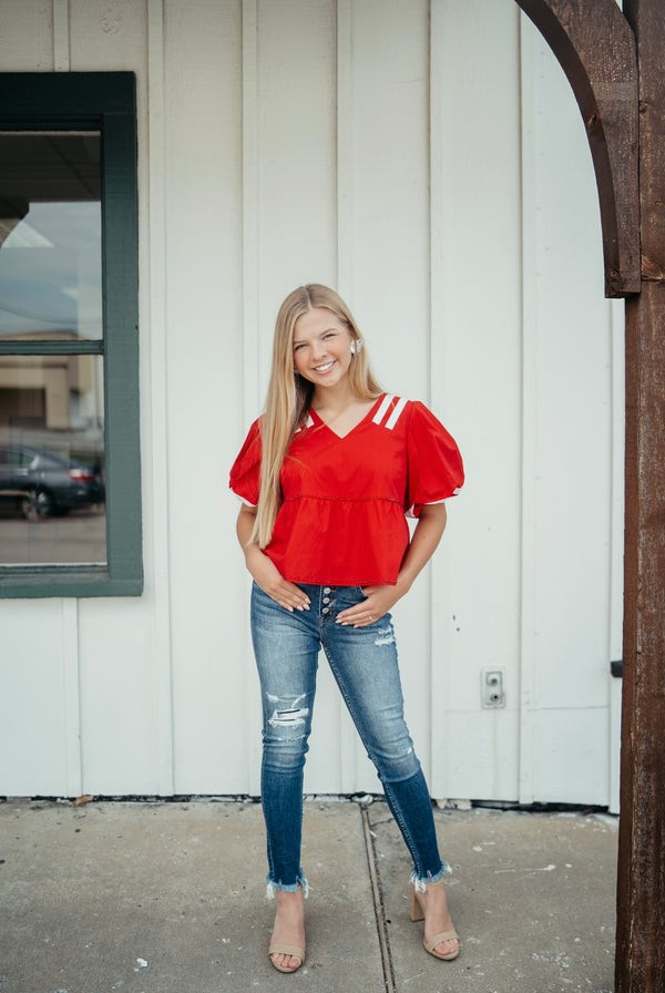 Queen of Sparkles - Red & White Jersey Peplum Top | Pink Creek