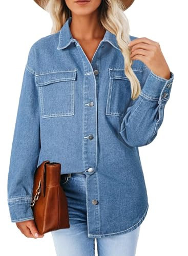 Astylish Women's Oversized Denim Button-Down Jacket Shacket Shirt Chambray Beach Vacation Long Sleeve Dressy Casual Fashion Fall Outfit Beau Blue Medium | Amazon (US)