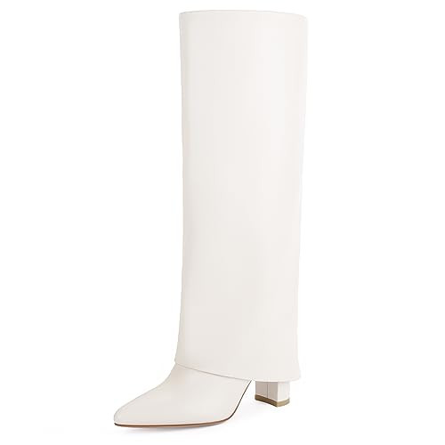 Modatope White Shark Knee High Boots for Women Chunky Heel Fold Over Boots Pointed Toe Tall Boots Zipper Long Boots Size 6.5 | Amazon (US)